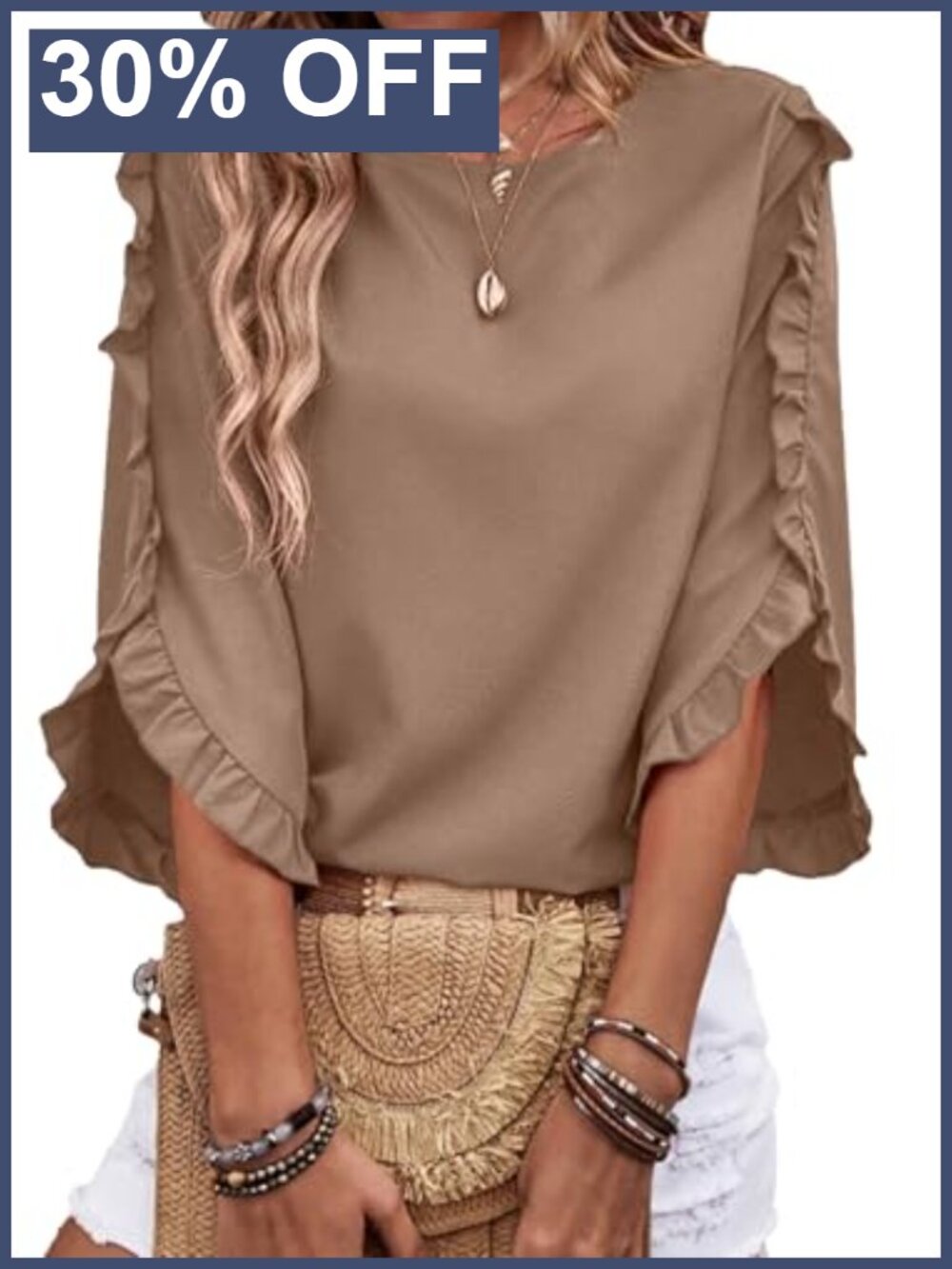 Womens 3/4 Sleeve Ruffle Blouse Dressy Casual Work Top